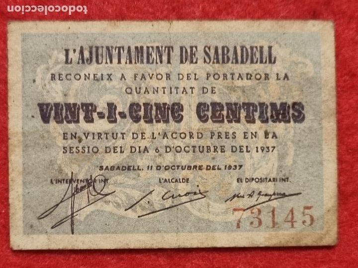 Local Banknotes: BILLETE LOCAL GUERRA 25 CENTIMOS AJUNTAMENT DE SABADELL 1937 T145 ORIGINAL PD