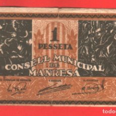 Banconote locali: CONSELL MUNICIPAL DE MANRESA. BILLETE LOCAL. 1 PESETA. SERIE A. AÑO 1937. GUERRA CIVIL. CALIDAD BC