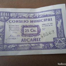 Billetes locales: ALCAÑIZ , BILLETE DE 25 CTS CONSEJO MUNICIPAL ,JUNIO DE 1937 , CIRCULADO B.C.