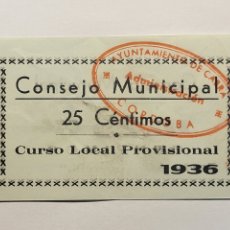 Billetes locales: BILLETE LOCAL DE 25 CENTIMOS DE CABRA, CORDOBA. 1936
