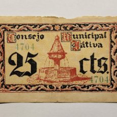 Billetes locales: JATIVA (VALENCIA) - 25 CENTIMOS 1937 - SIN SERIE - NUMERACION VERDE
