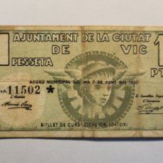 Billetes locales: BILLETE DE 1 PESETA DEL AJUNTAMENT DE VIC DEL AÑO 1937