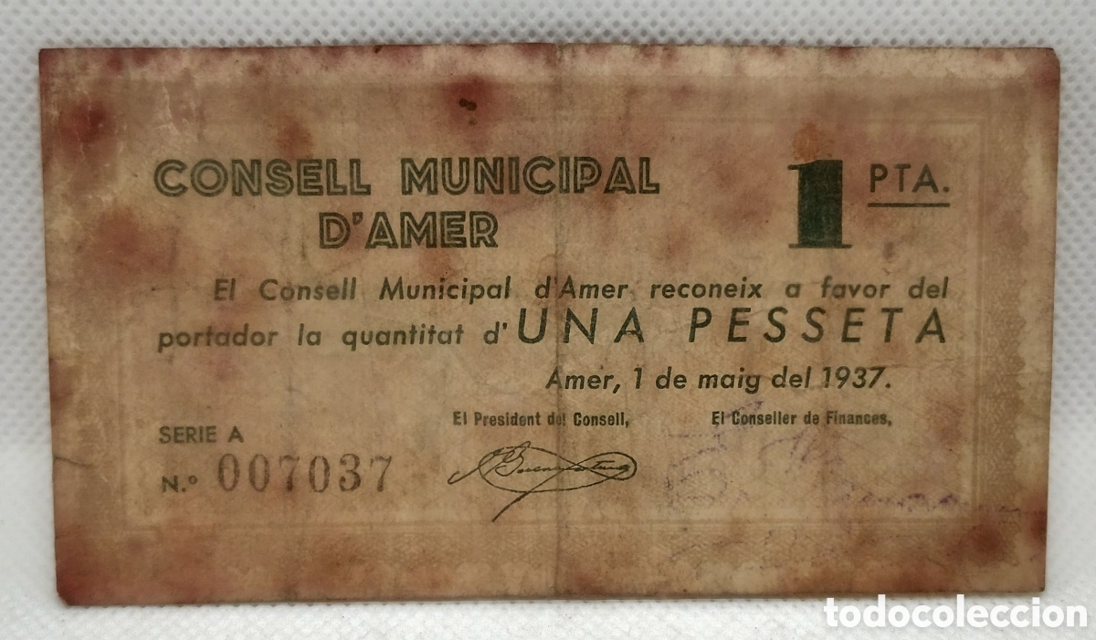 Notas locais: Billete de una peseta de Consell Municipal d'Amer