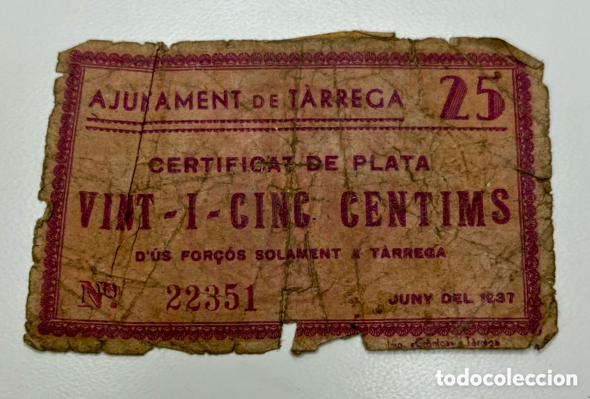 Banconote locali: Billete Local / Municipal TARREGA 25 Centimos 1937. Da&ntilde;ado. Guerra Civil
