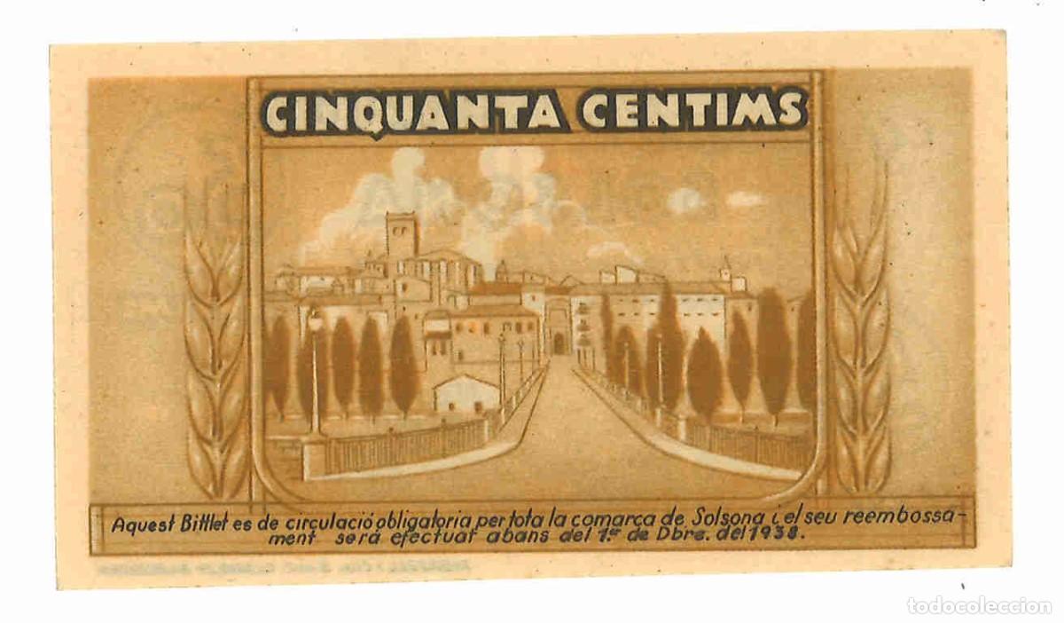 Billetes locales: 50 c&eacute;ntimos. Solsona. Lleida. 1937 - Foto 2