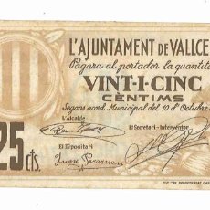 Banconote locali: 25 CÉNTIMOS. AJUNTAMENT DE VALLCEBRE. BARCELONA. 1937