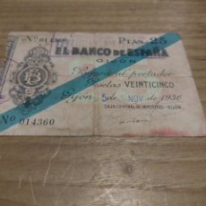 Billetes locales: EL BANCO ESPAÑA GIJON 5 NOVIEMBRE 1936 VEINTICINCO PESETAS 014360
