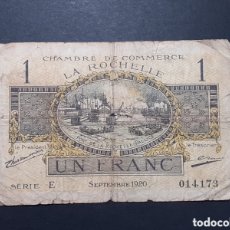 Billetes locales: FRANCIA 1920 - LA ROCHELLE - UN FRANC - CHAMBRE DE COMMERCE - MUY CIRCULADO CON ROTURAS