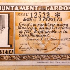 Billetes locales: BILLETE 1 PESETA AJUNTAMENT DE CARDONA, 1937. GUERRA CIVIL.