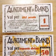 Billetes locales: BILLETES GUERRA CIVIL AJUNTAMENT DE BLANES, 50 CÉNTIMOS Y 1 PESETA. EXCELENTE CONSERVACIÓN.