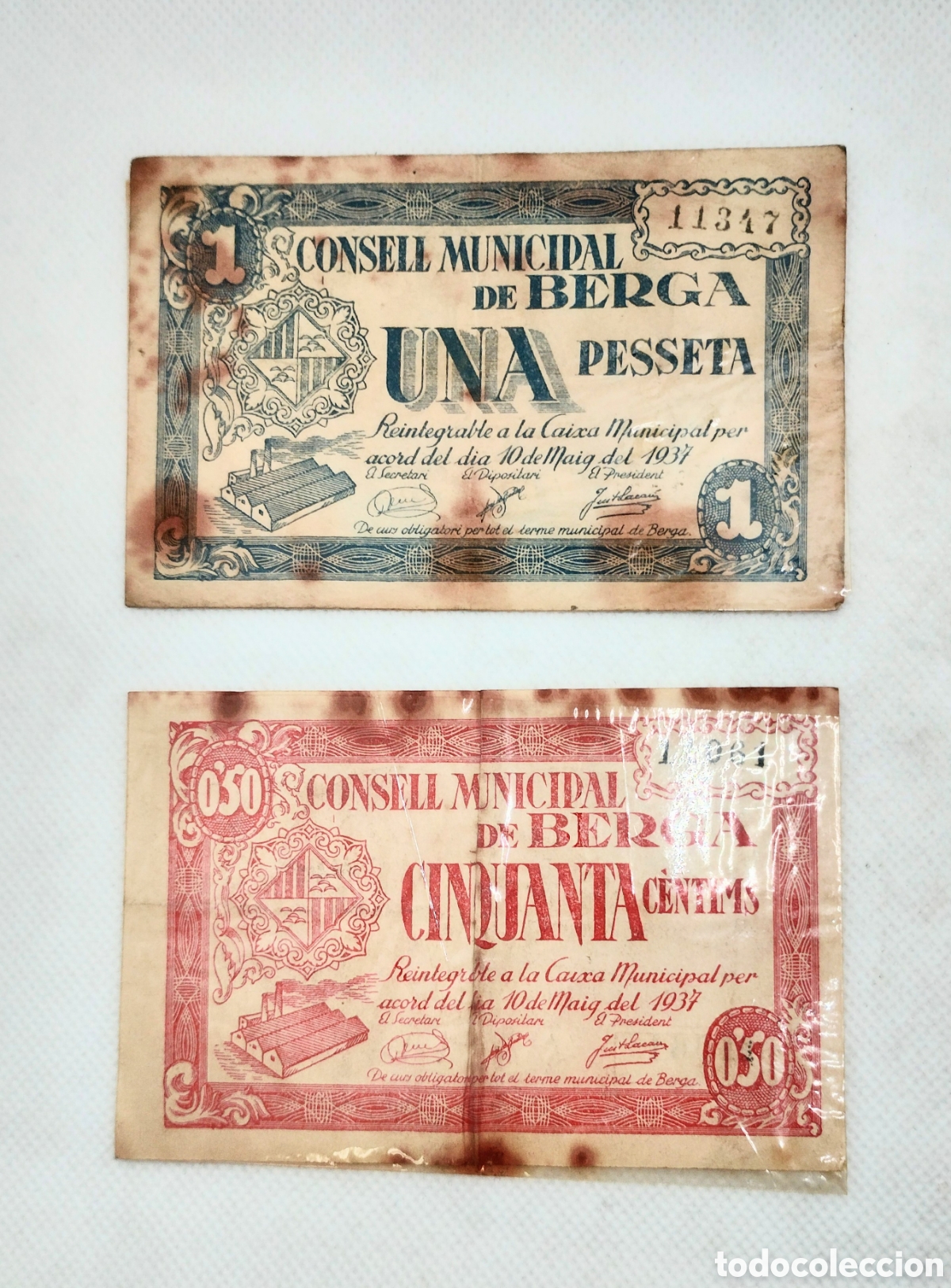 Billetes locales: Billetes del Ayuntamiento de Berga, de 1 pta y 50 c&eacute;ntimos de pta.