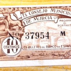 Billetes locales: BILLETE LOCAL MURCIA 10 CENTIMOS 1937 GUERRA CIVIL BUENA CONSERVACIÓN