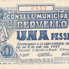 Billetes locales: CRBL0076 BILLETE ESPAÑA CONSEJO MUNICIPAL CERVELLO 1 PESETA 1937 BC