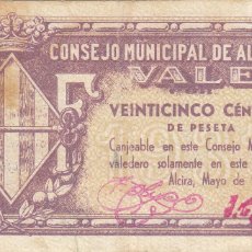 Billetes locales: CRBL0074 BILLETE ESPAÑA CONSEJO MUNICIPAL ALZIRA 25 CTS 1937 BC
