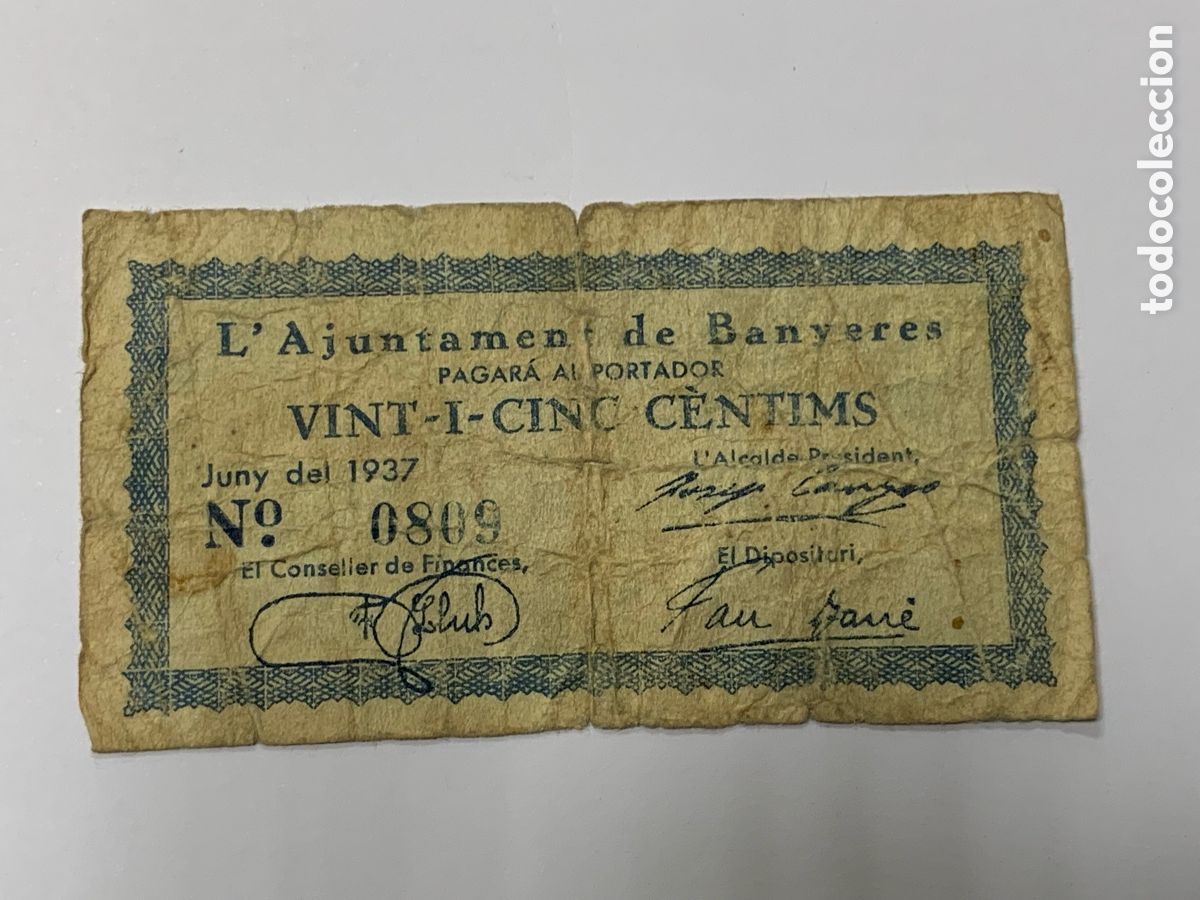 Billetes locales: 25 Centimos Ayuntamiento de Banyeres 1937 - Foto 1