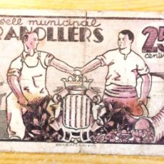 Billetes locales: BILLETE DE 25 CÉNTIMOS DEL CONSELL MUNICIPAL DE GRANOLLERS DEL AÑO 1937