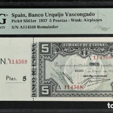 Billetes locales: PMG 65 EPQ SPAIN BANCO URQUIJO VASCONGADO BILBAO 5 PESETAS 1937 S/C PLANCHA LUJO