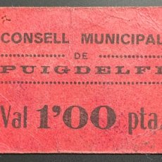 Billetes locales: BILLETE 1 PESETA 1937, PUIGDELFI. (TARRAGONA). TURRÓ 2031