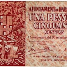 Billetes locales: AJUNTAMENT BARCELONA-1937 -BITLLET /BILLETE DE UNA PESSETA CINQUANTA/1,50 PESETA -SERIE B-FOTO REVER