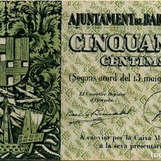 Billetes locales: AJUNTAMENT BARCELONA - 1937 - BITLLET /BILLETE DE CINQUANTA 50 CENTIMS -SERIE A- NUEVO-FOTO REVERSO