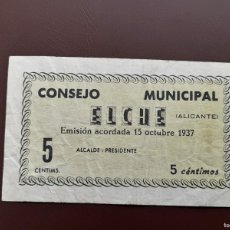 Banconote locali: 5 CENTIMOS 1937, MBC. BILLETE LOCAL ELCHE. DESCENTRADO