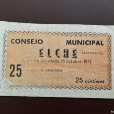 Banconote locali: 25 CENTIMOS 1937, MBC. BILLETE LOCAL ELCHE. DESCENTRADO