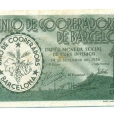 Billetes locales: ESPAÑA - BILLETE LOCAL 10 CENTIMOS UNIO DE COOPERADORS DE BARCELONA. 1937. SIN CIRCULAR.