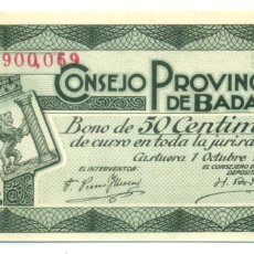 Billetes locales: ESPAÑA - BILLETE LOCAL CONSEJO PROVINCIAL DE BADAJOZ. 50 CENTIMOS 1937. SIN CIRCULAR.