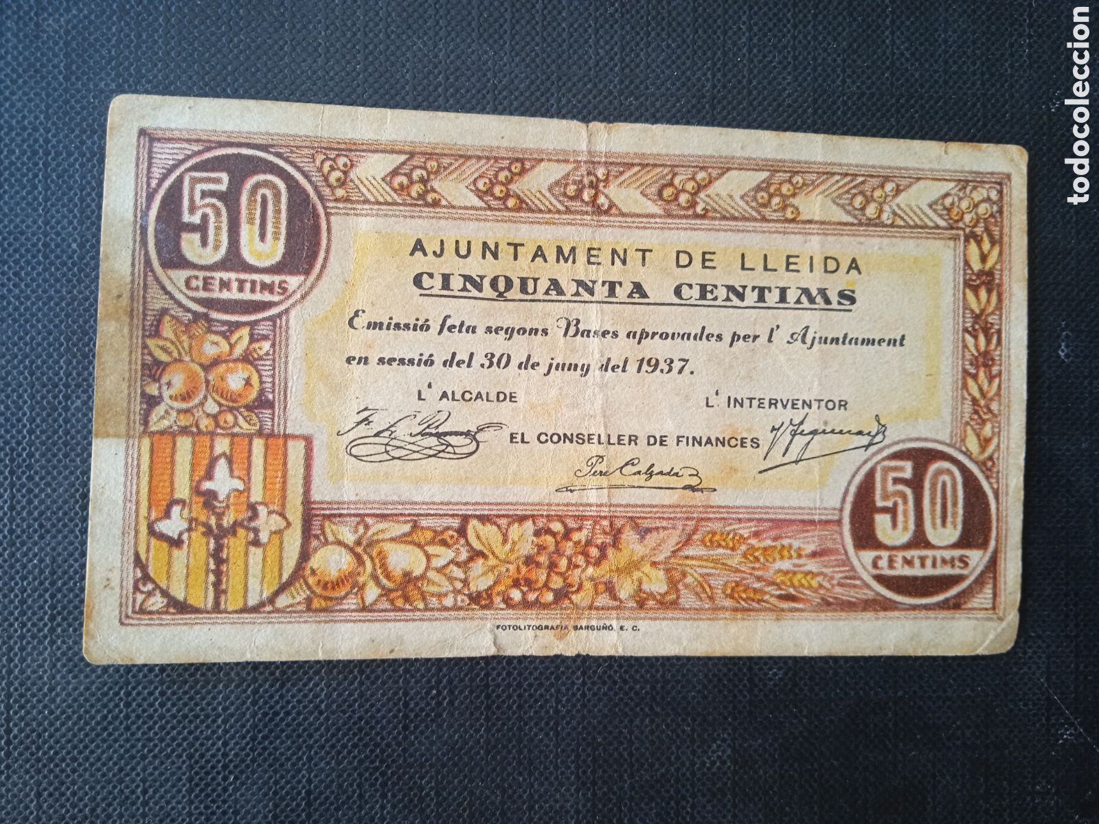 Billetes locales: Billete de 50 c&egrave;ntimos Lleida 1937 - Foto 2