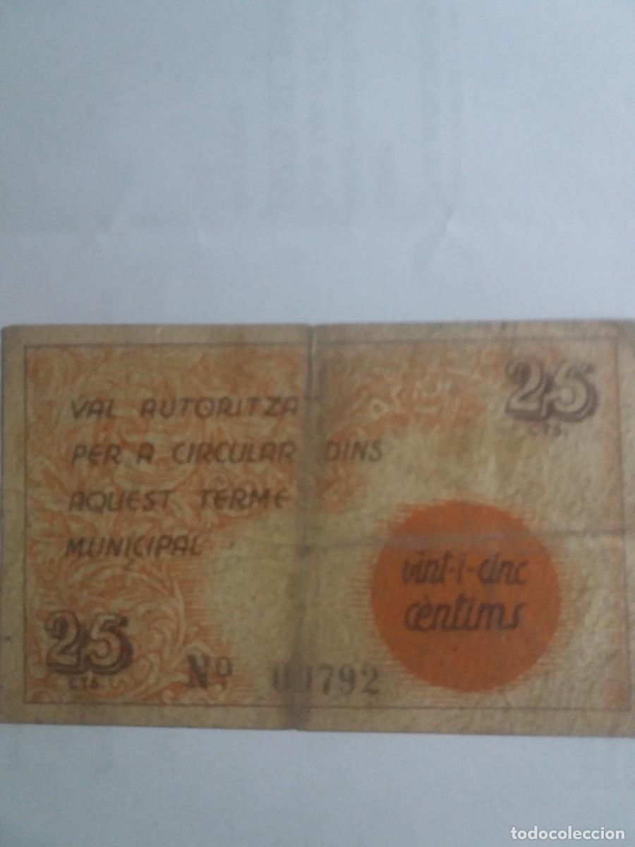 Billetes locales: Billete bitllet 25 C&eacute;ntimos c&egrave;ntims Ajuntament Olvan - Foto 2