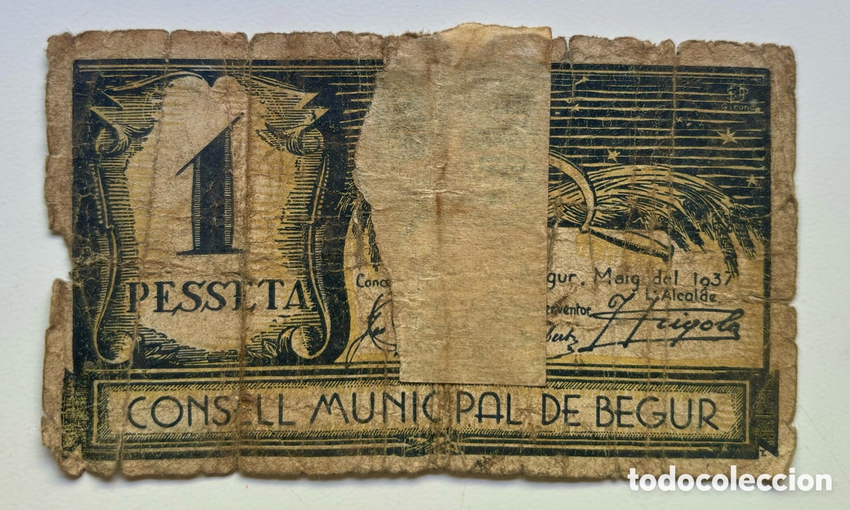 Billetes locales: Billete Local / Municipal BEGUR 1 Peseta 1937. Da&ntilde;ado. Guerra Civil