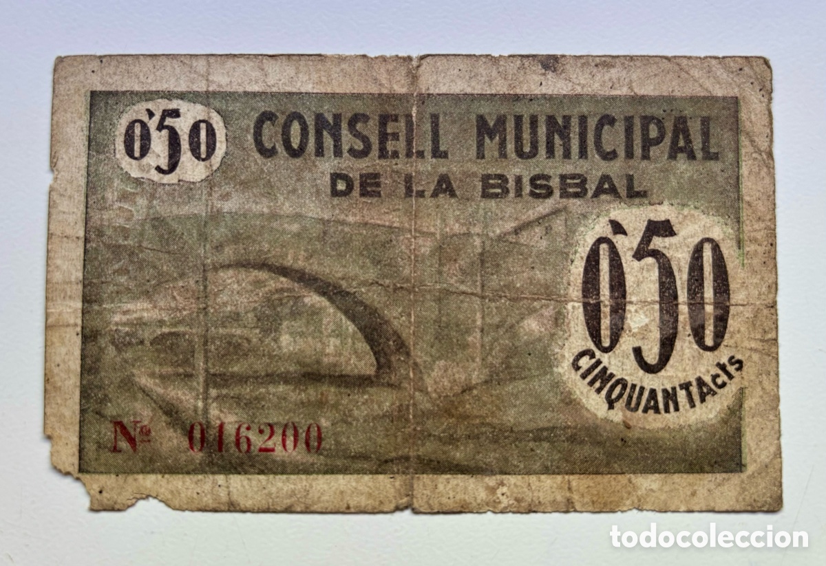 Billetes locales: Billete Local / Municipal LA BISBAL 50 Centimos . Da&ntilde;ado. Guerra Civil