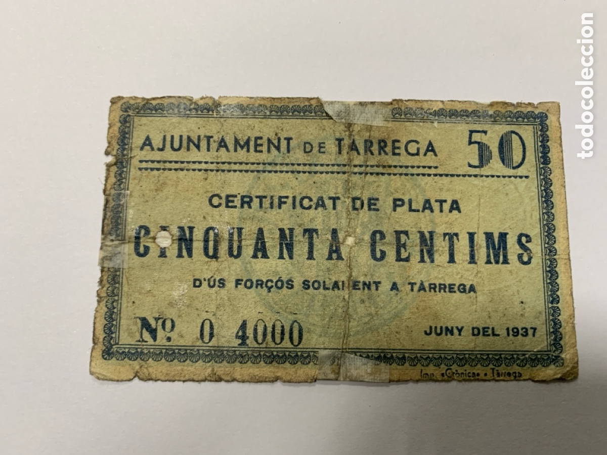 Billetes locales: Billete 50 c&eacute;ntimos Tarrega, 1937 - Foto 1