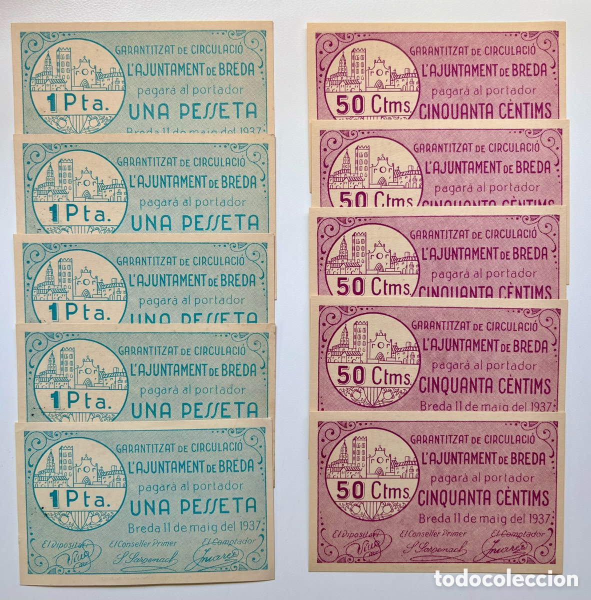 Notas locais: Lote x 10 Billetes Local / Municipal BREDA 50 Centimos + 1 Peseta 1937 SC/SC- CORRELATIVOS