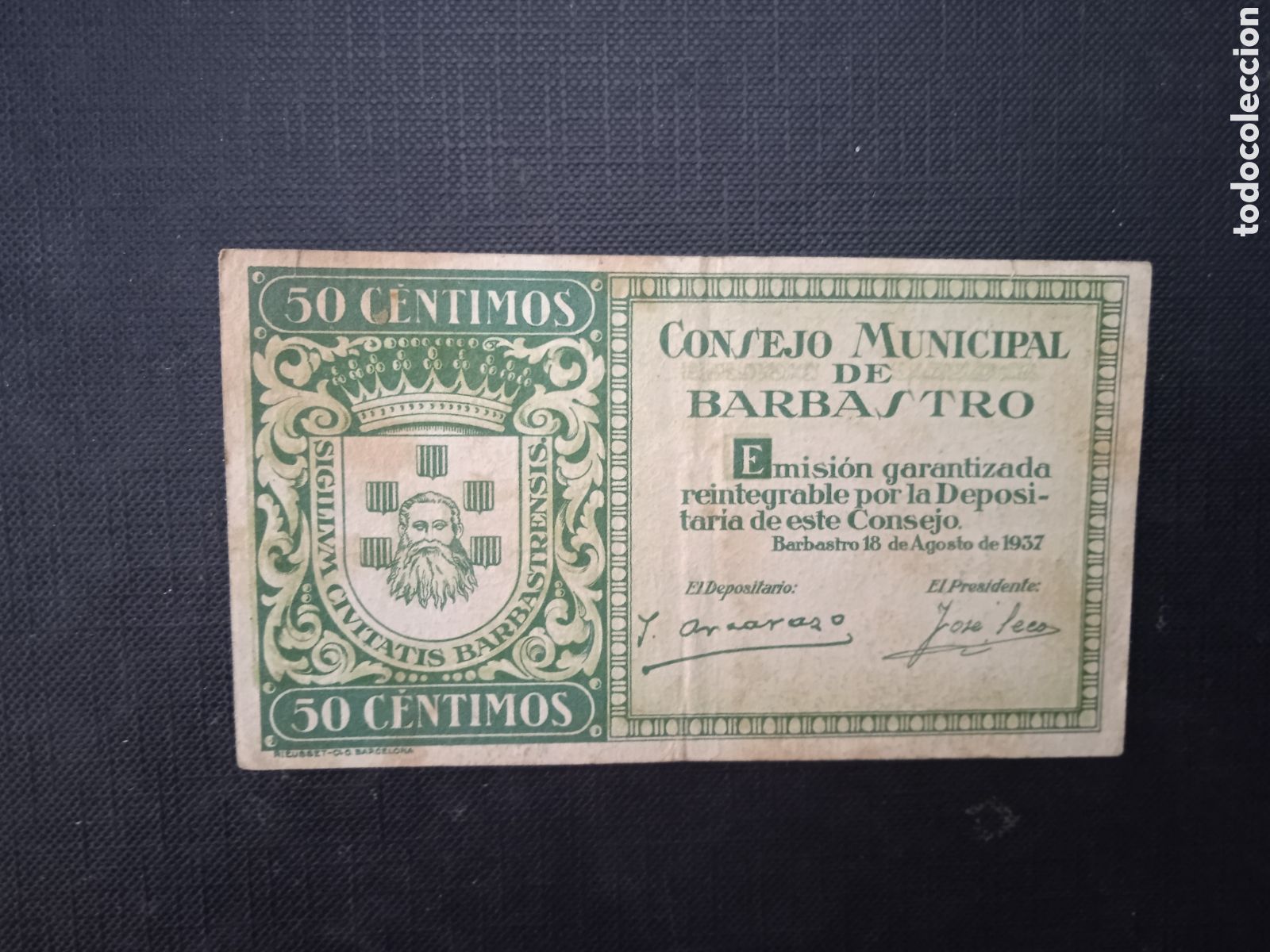 Billetes locales: Billete de 50 c&egrave;ntimos Barbastro 1937 - Foto 1
