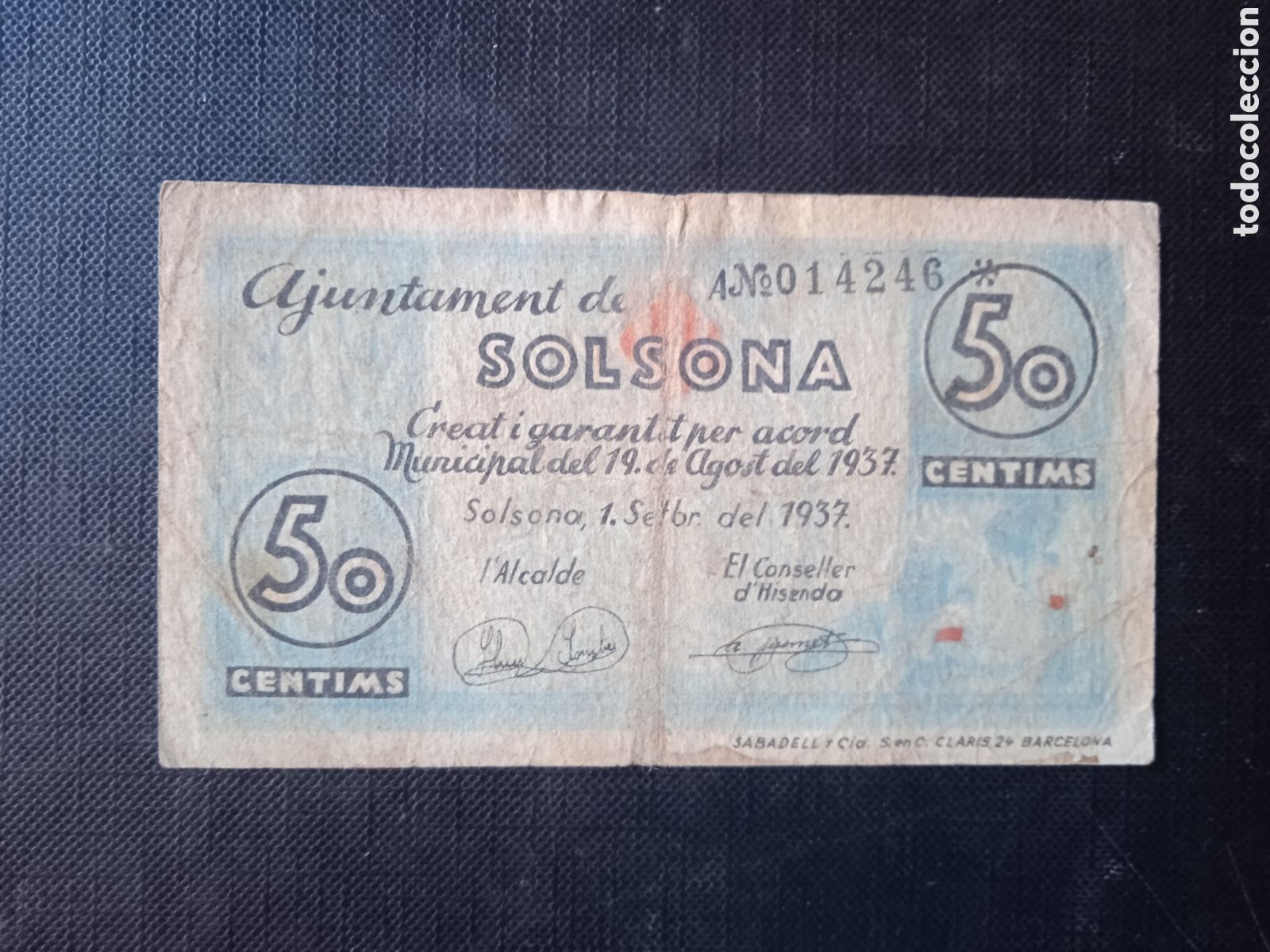 Billetes locales: Billete de 50 c&egrave;ntimos Solsona Lleida 1937 - Foto 1