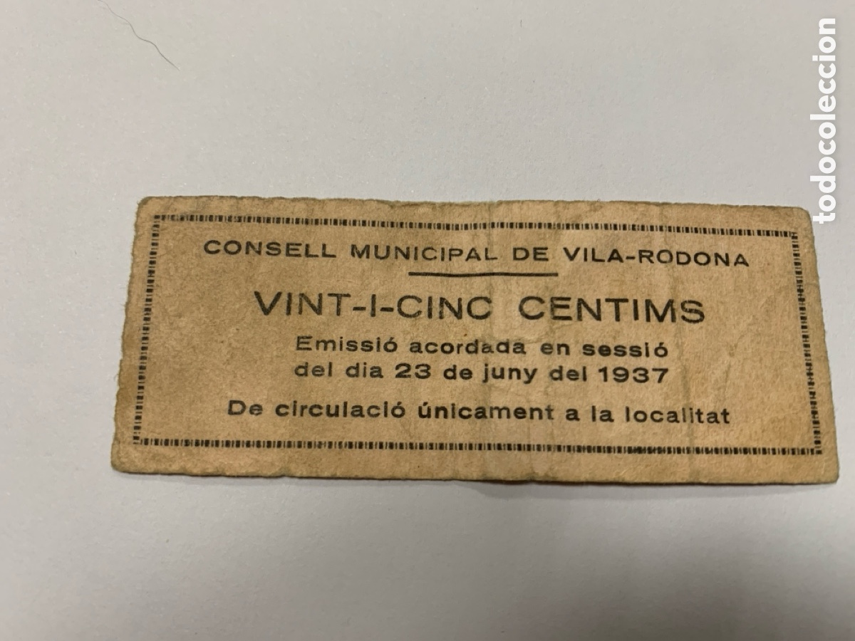 Billetes locales: Billete 25 c&eacute;ntimos Vila Rodona - Foto 2