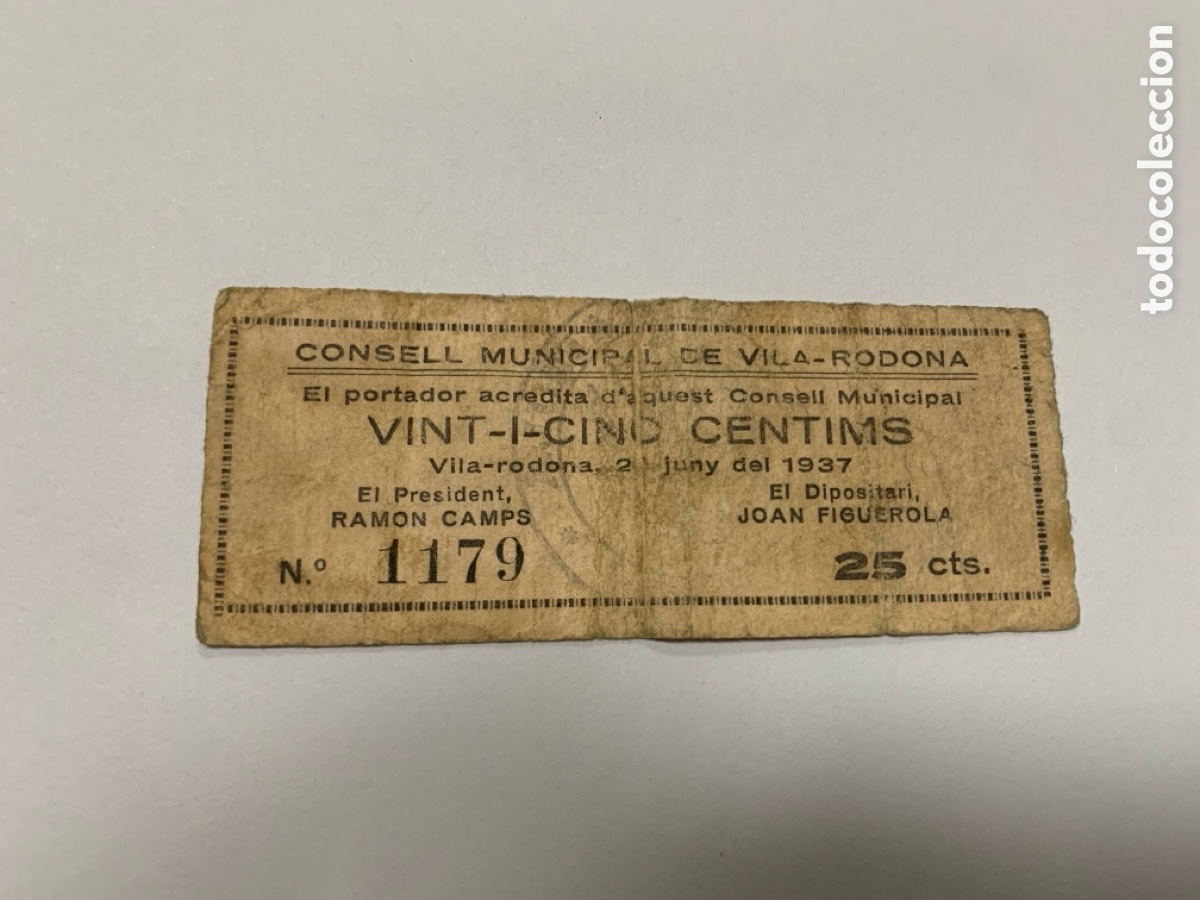 Billetes locales: Billete 25 c&eacute;ntimos Vila Rodona - Foto 1