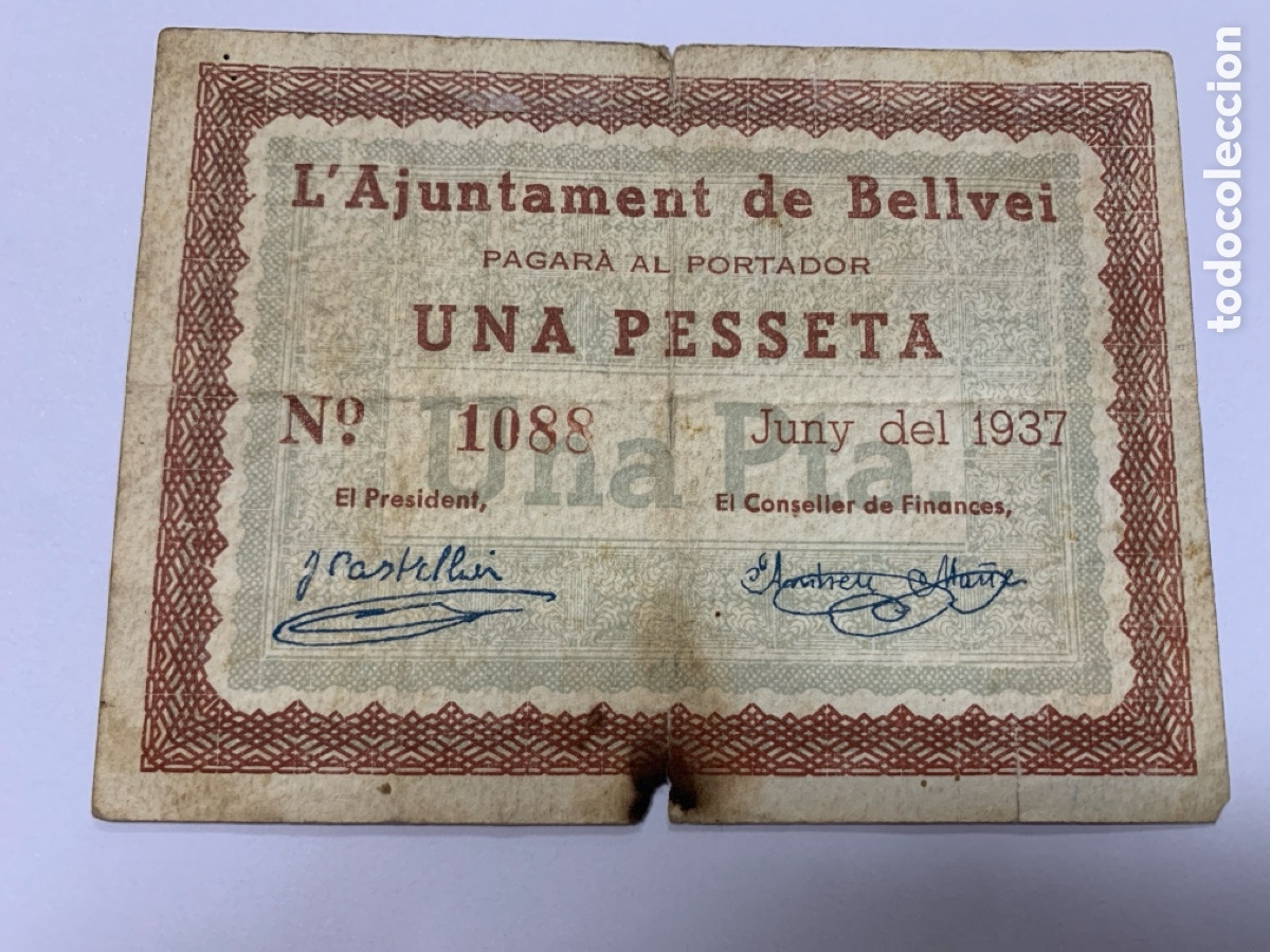 Lokale Banknoten: Billete 1 peseta Bellvei