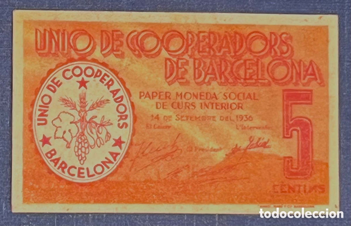 Billetes locales: BITLLET: UNIO DE COOPERADORS DE BARCELONA - 5 C&Egrave;NTIMS - SIN CIRCULAR - Foto 1
