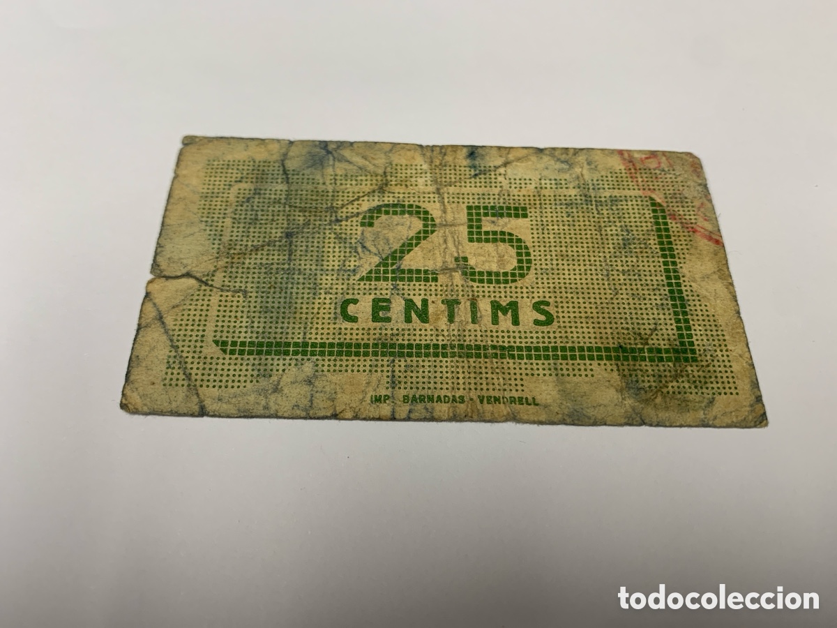 Billetes locales: Billete 25 c&eacute;ntimos El Vendrell, 1937 - Foto 2