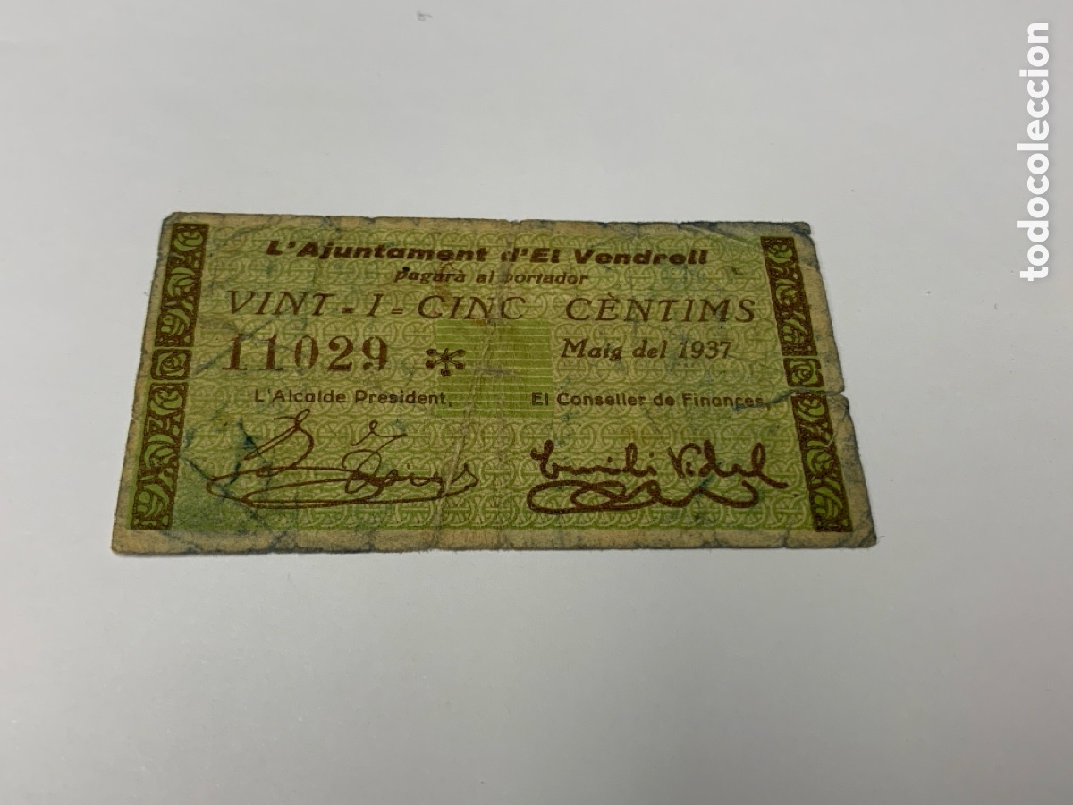 Billetes locales: Billete 25 c&eacute;ntimos El Vendrell, 1937 - Foto 1