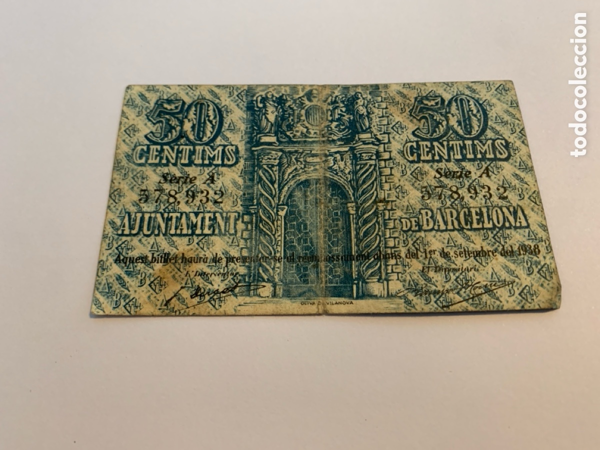 Billetes locales: Billete de 50 c&eacute;ntimos Barcelona 1937 - Foto 2