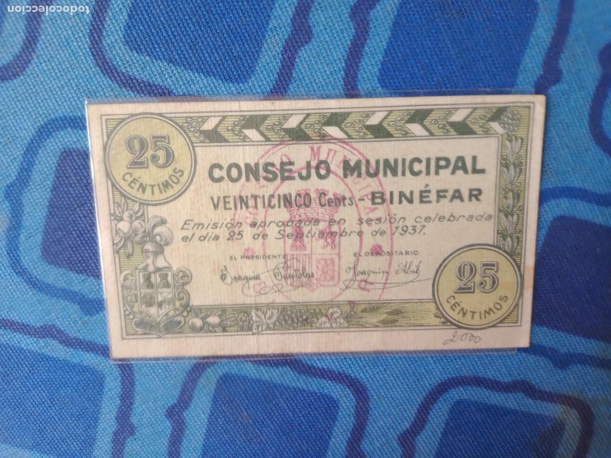 Billetes locales: BINEFAR (HUESCA) - 25 CENTIMOS 1937 - Foto 1