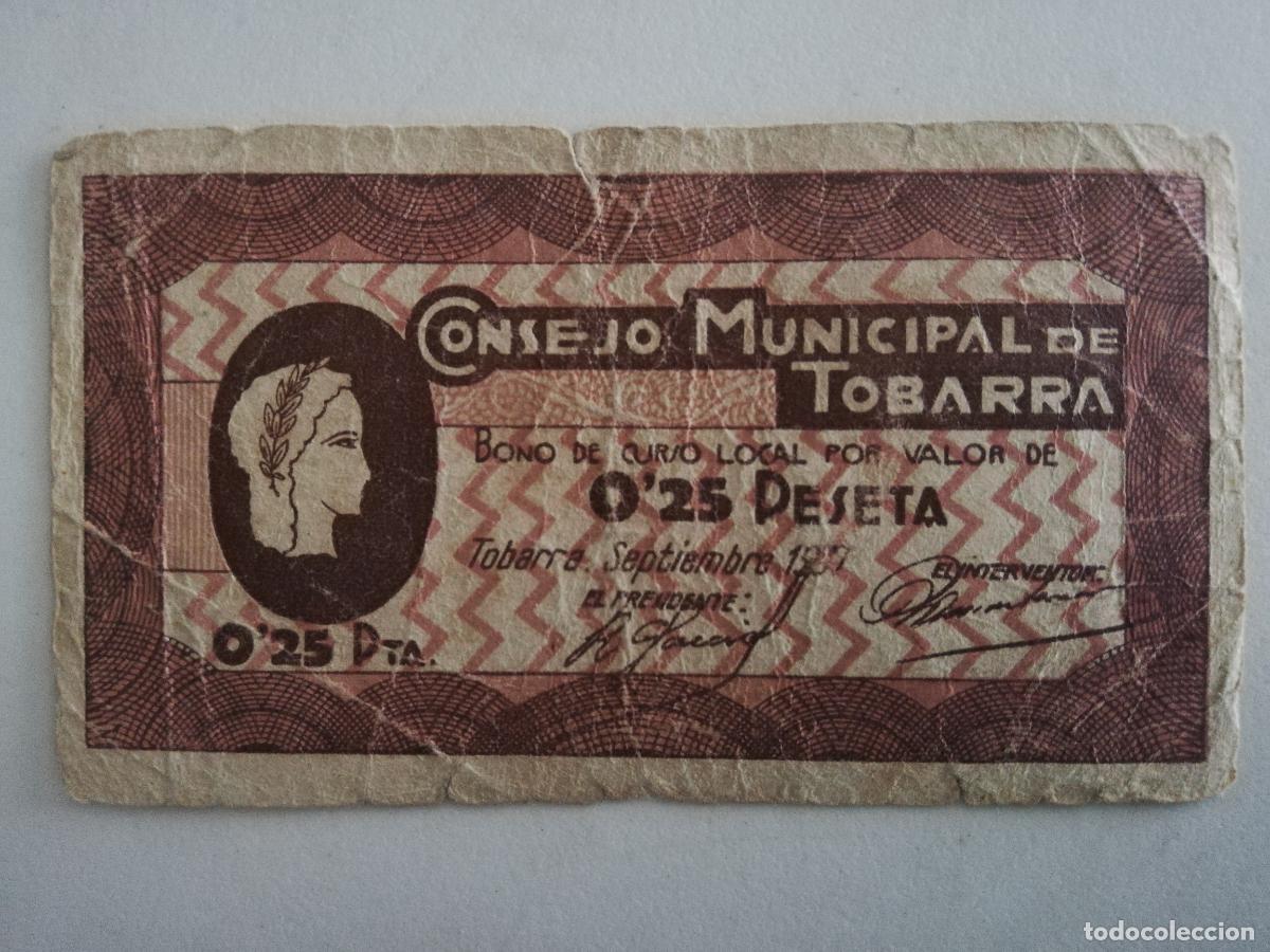 Banconote locali: BILLETE CONSEJO MUNICIPAL DE TOBARRA, 0,25 PTA, SEPTIEMBRE 1937