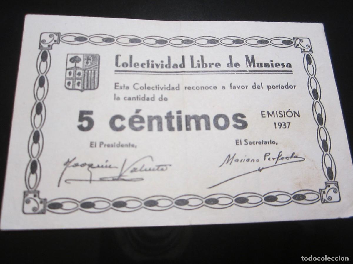 Billetes locales: 5 C&Eacute;NTIMOS DE MUNIESA DE 1937 (TERUEL) - Foto 1