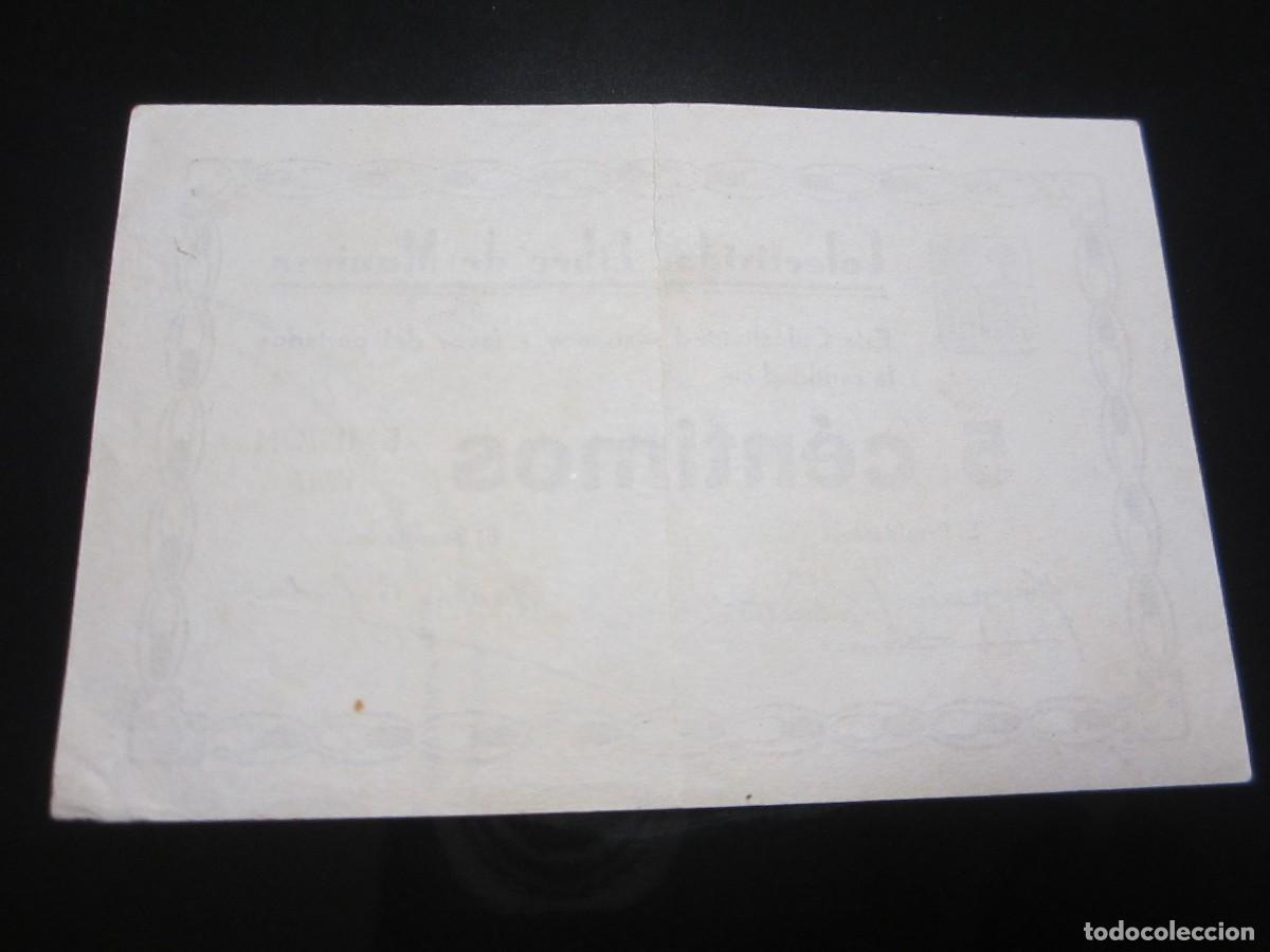 Billetes locales: 5 C&Eacute;NTIMOS DE MUNIESA DE 1937 (TERUEL) - Foto 2