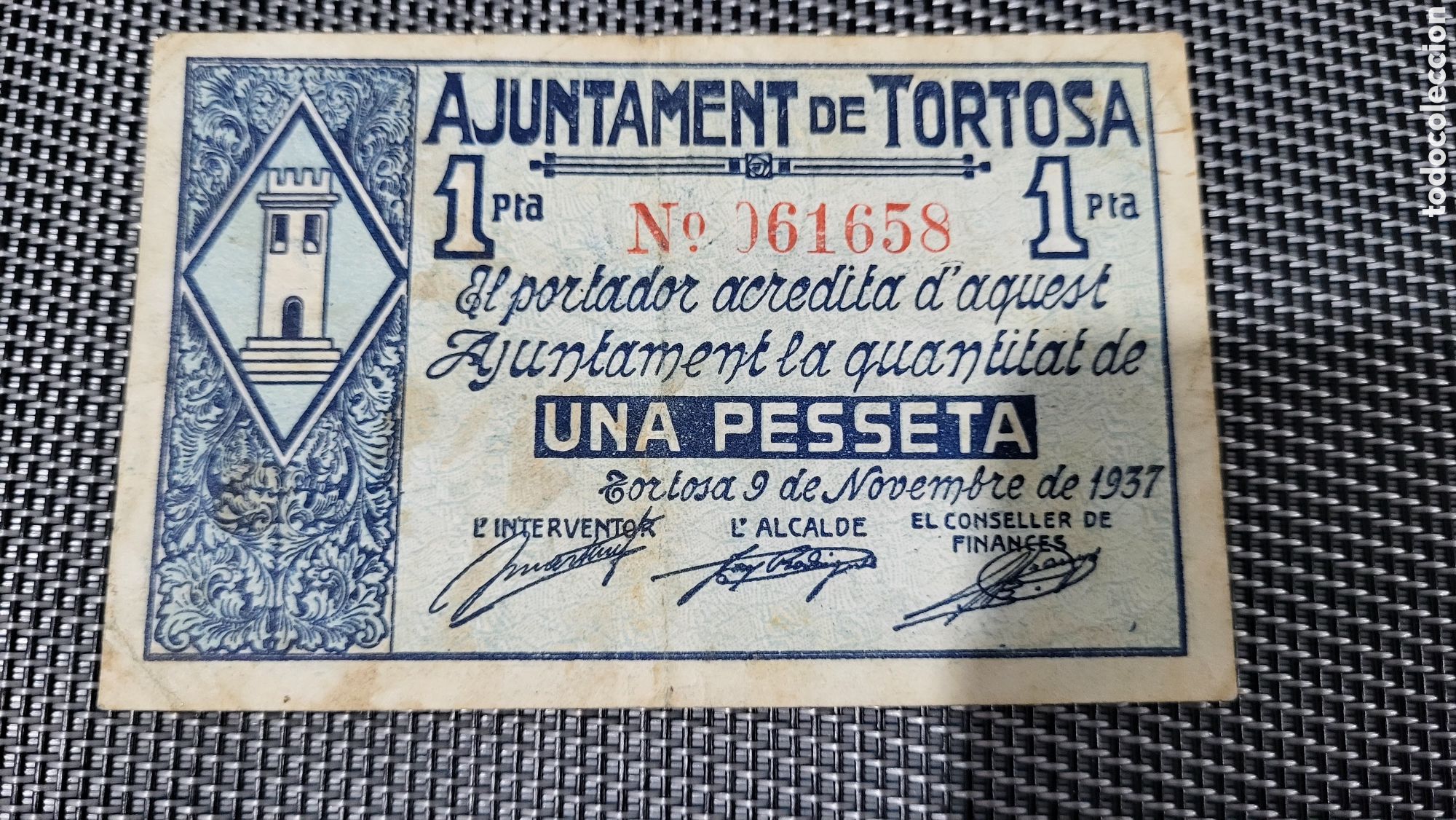 Banconote locali: Billete local una peseta Ajutament de Tortosa 1937