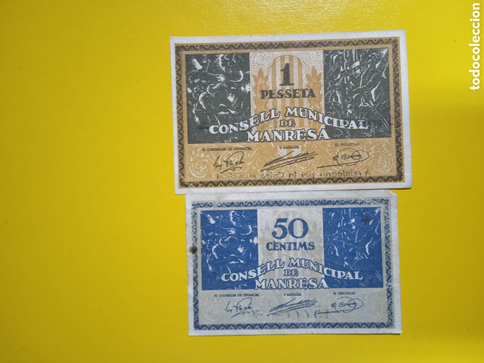 Notas locais: Conjunto de 2 Billetes de Manresa 1 peseta y 50 c&egrave;ntimos 1937 Barcelona
