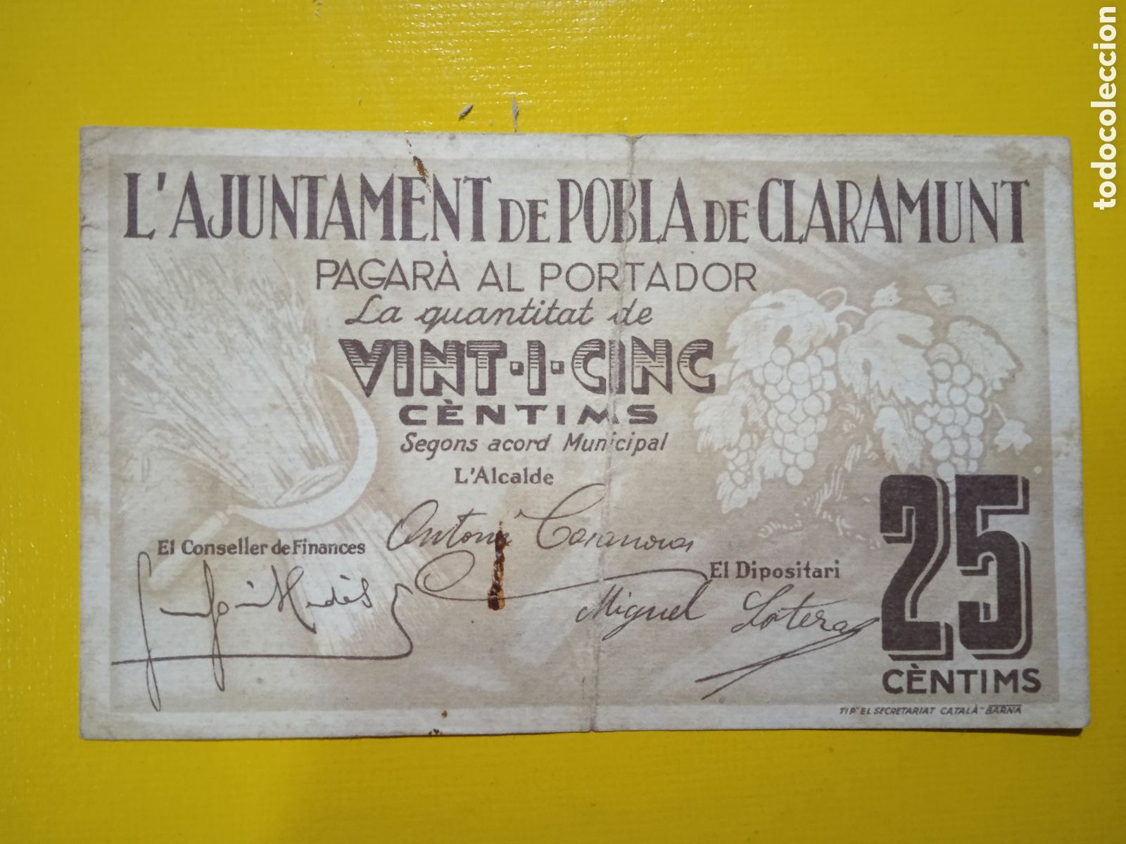 Billets locaux: billete de 25 c&egrave;ntimos de la Pobla de Claramunt 1937 Barcelona